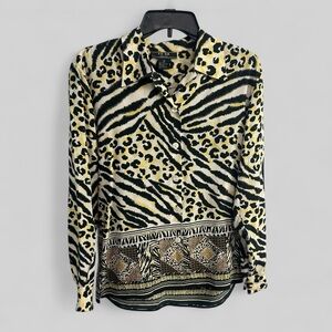 FU DA Fine Silk mixed media animal print safari blouse size Small Vintage retro